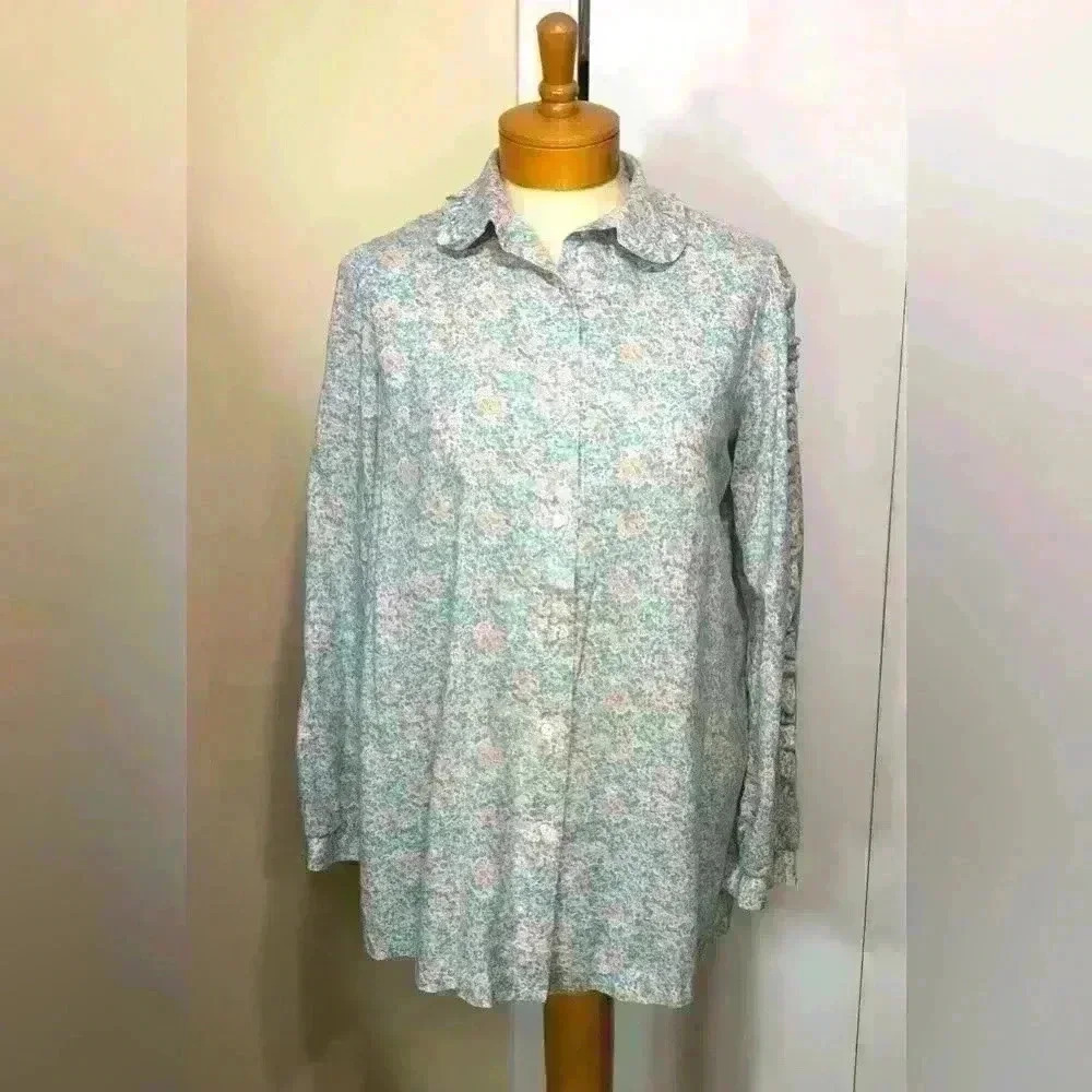 VTG Andra inc 1980s Women Pastel Green Floral Button Down Blouse Ruffles size 10